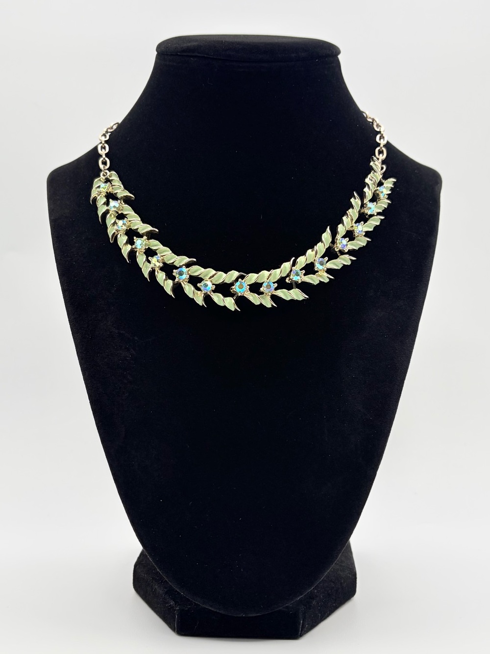 Vintage Gold Tone Green Enamel Leaf Necklace AB Rhinestones